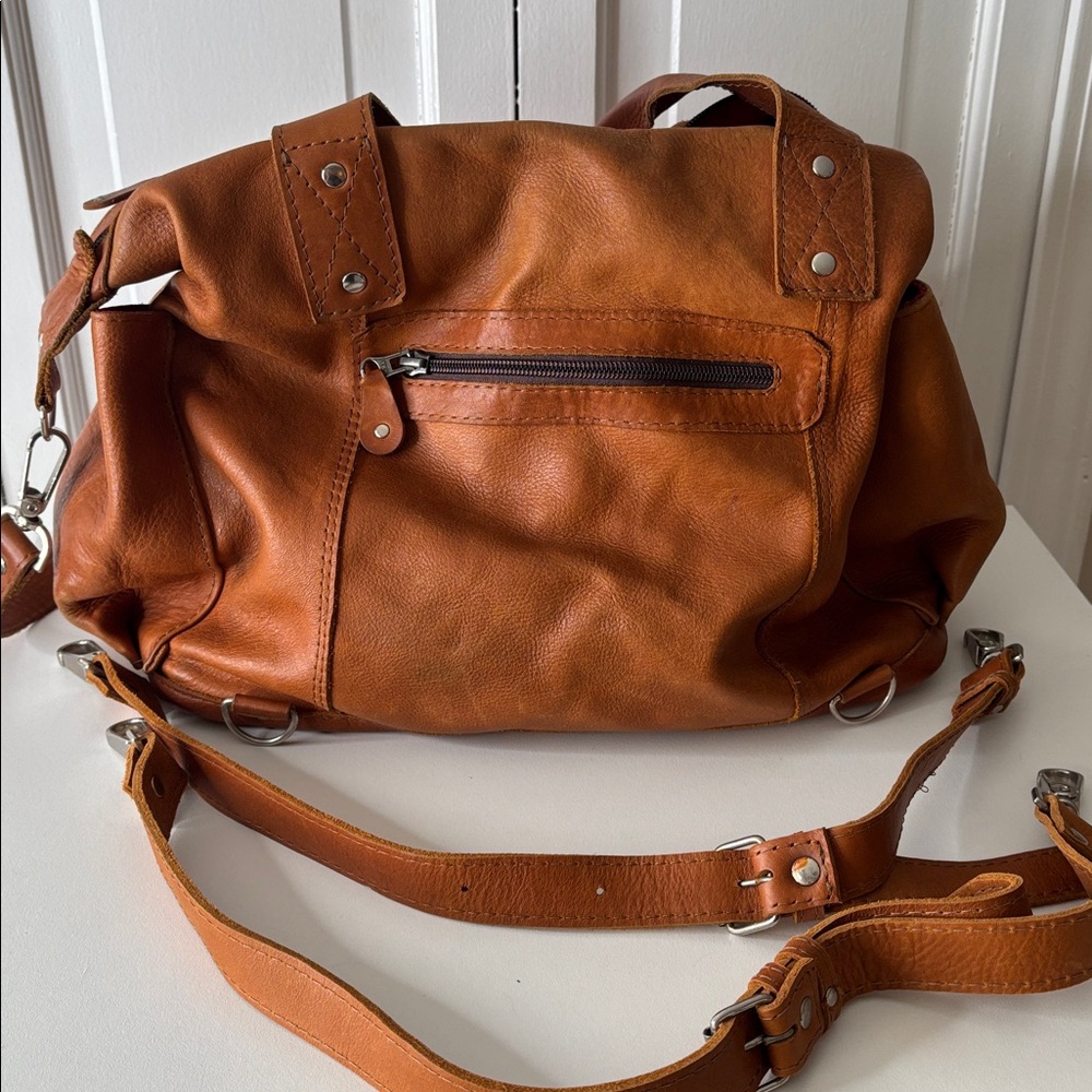 Nena & Co. Brown Leather Travel Bag with Pink Multicolor Stripe Panel - Picture 4 of 11